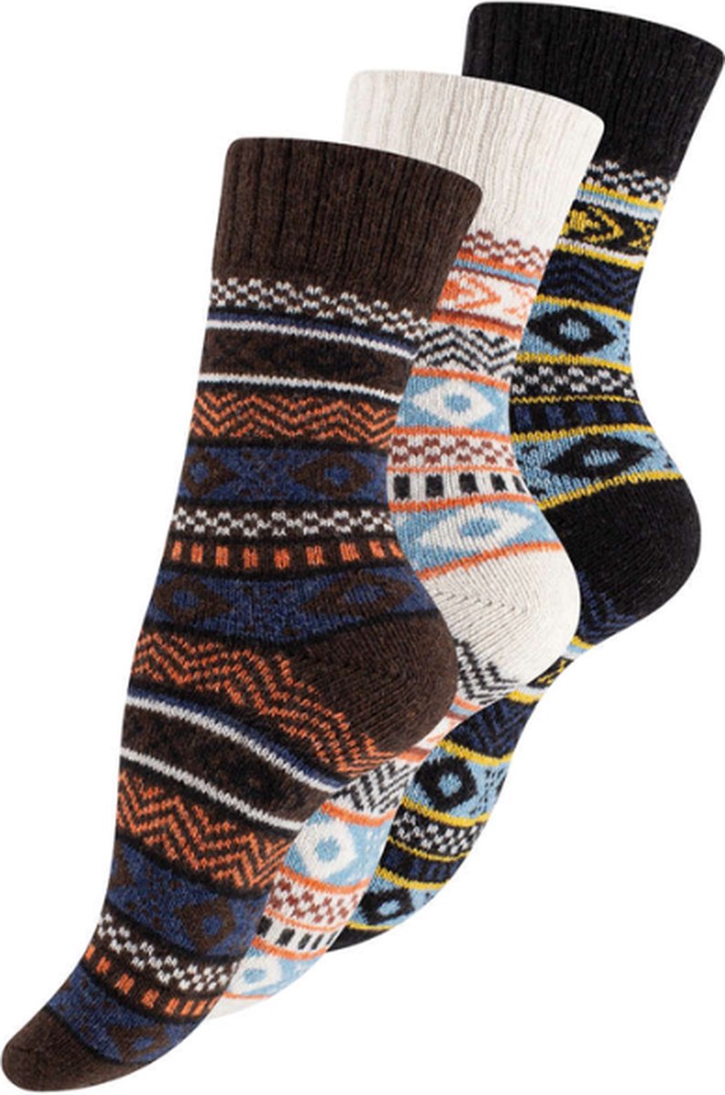 3 paar Noorse wollen sokken - Hygge - Gemixt - Marineblauw/Ecru/Bruin - Maat 35-38