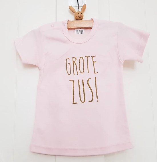 Shirt grote zus | korte mouw | roze | maat 74 zwangerschap aankondiging bekendmaking Baby big sis sister