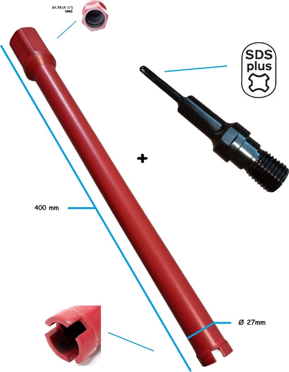 SDS Plus Diamantboorkroon, 32-150 mm, booropzetstuk, set met adapter