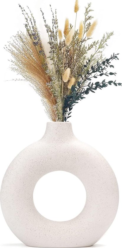 Vaas voor pampasgras en gedroogde bloemen, keramische donutvaas, ronde vorm, moderne vaas als decoratie voor woonkamer, kantoor, beige