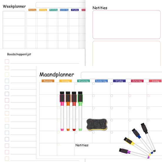 Weekplanner & Maandplanner Whiteboard Set - Familieplanner magnetisch - Inclusief Boodschappenlijst, Notitielijst, Markers & Wisser - A3 Formaat