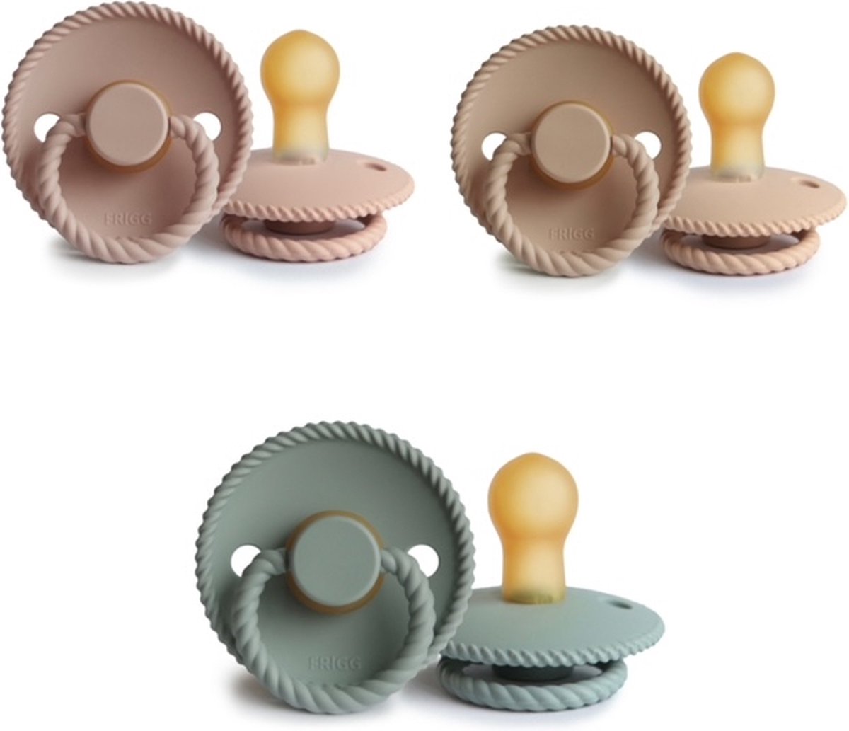 Goedkoopste FRIGG ROPE Fopspeen set 3 stuks Blush,Croissant en Sage 0-6 maand