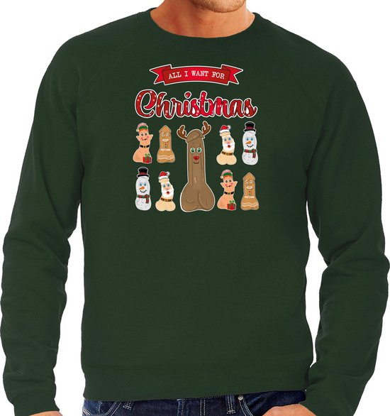 Bellatio Decorations foute kersttrui/sweater heren - All I want for Christmas - groen - piemel/penis XXL