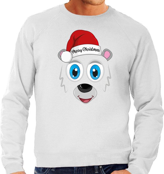 Bellatio Decorations foute kersttrui/sweater heren - IJsbeer gezicht - lichtgrijs - Merry Christmas S