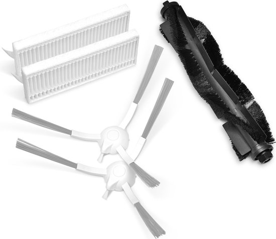 Een set robotstofzuigeronderdelen: een zwarte hoofdborstel, twee witte HEPA-filters en twee witte zijborstels met grijze haren.