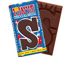 foto van Tony's Chocolonely - Chocoladeletter - 51% Puur - Sinterklaas - Schoencadeautjes - Sint Cadeau - 180 Gram - Fairtrade Belgische Chocola