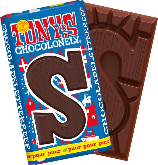 Foto: Tony s chocolonely chocolade letter s 51 puur reep schoencadeautje sint fairtrade belgische chocolade 180 gram