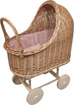 Playwood - Chariot de poupée en osier - landau - revêtement rose avec coussins, capote en osier - roues en bois