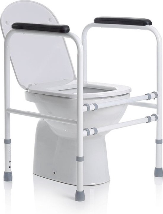 Zijaanzicht van een wit toiletframe met zwarte armleuningen, rondom een toilet.