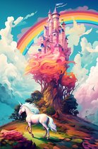 Eenhoorn Poster | Eenhoorn bij Kasteel | Regenboog Poster | Unicorn Poster | Wanddecoratie | Muurposter | 51x71cm | YR | Geschikt om in te lijsten