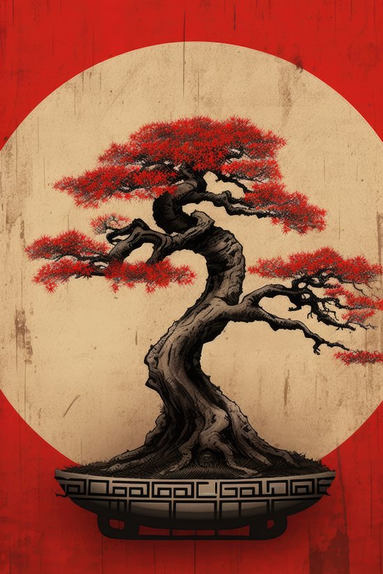 Sfeer Poster - Bonsai - Rising Sun - Rood - Geschikt om in te lijsten