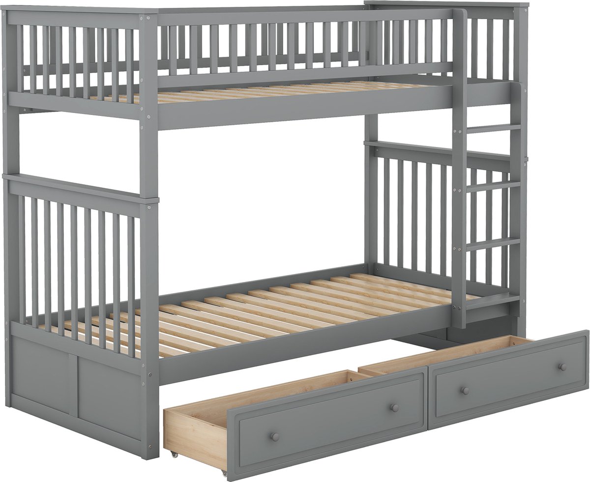 Merax Stapelbed 90 x 200 cm voor Kinderen - Multifunctioneel Bed met Schubladen en Cabrio-functie - Houten Frame in Grijs
