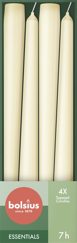 Vier ivorige dinerkaarsen met de tekst 'Bolsius Essentials 4X Tapered Candles 7h'.