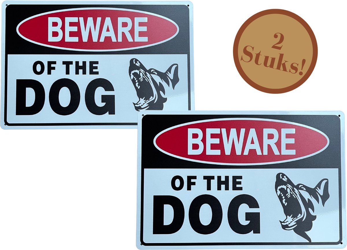 Homeson Wandbord Beware of the dog - Pas op voor de hond - Hier waak ik - 2x - Waakbord
