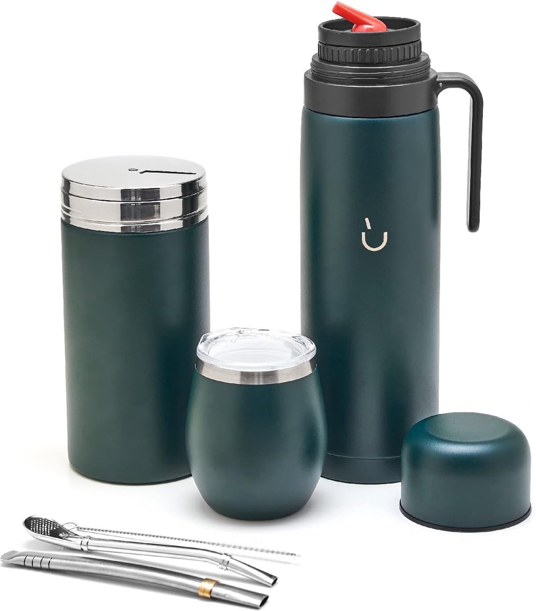 Complete Yerba Mate Set – moderne Mate Kalebas, Thermoskan, Yerba-container, twee pompons en schoonmaakborstel inbegrepen – alles premium kwaliteit 304 18/8 roestvrij staal (GOUD)
