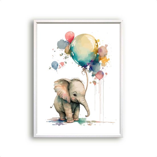 Postercity - Poster Aquarel Baby Olifant met Ballonen - Waterverf - Dierenposter - Babykamer / Kinderposter - Muurdecoratie - 30x21cm / A4