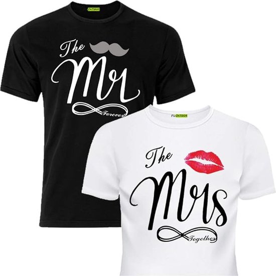 PicOnTshirt - Teetalks Series - T-Shirt Dames - T-Shirt Heren - T-Shirt Met Print - Couple T-Shirt Met Mr. and Mrs. Print - 2 Pack - Zwart - Heren XL/Dames XL