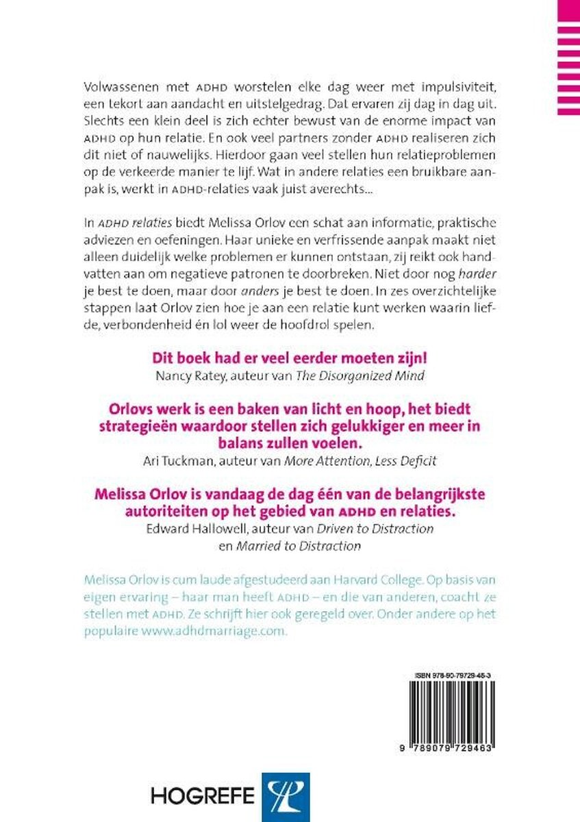 Achterkant van het boek "ADHD relaties", met tekst en ISBN