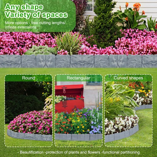 YRHome Gazonrand, kunststof steenlook, 2,5 m, perkrand, tuinrand, van polypropyleen, maaikant, bloemrand, tuinhek, 1 element BxHxD: 25 x 23 x 1 cm, grijs