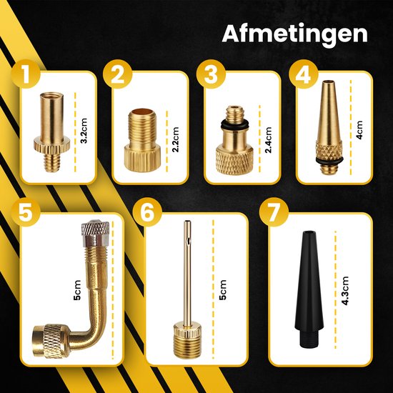 Illustraties van 7 gouden en zwarte ventieladapters met afmetingen.