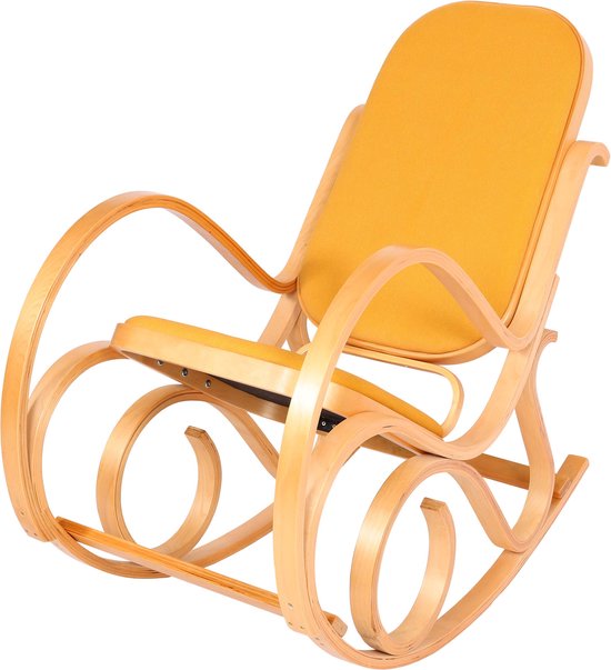 Schommelstoel M41, schommelstoel TV-fauteuil, massief hout ~ eiken look, stof/textiel geel