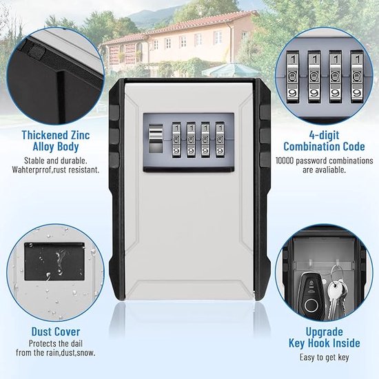 Gris Étanche Boite à Clés Sécurisée Murale avec Code à 12 Chiffres Coffre  Clef Exterieur Grande