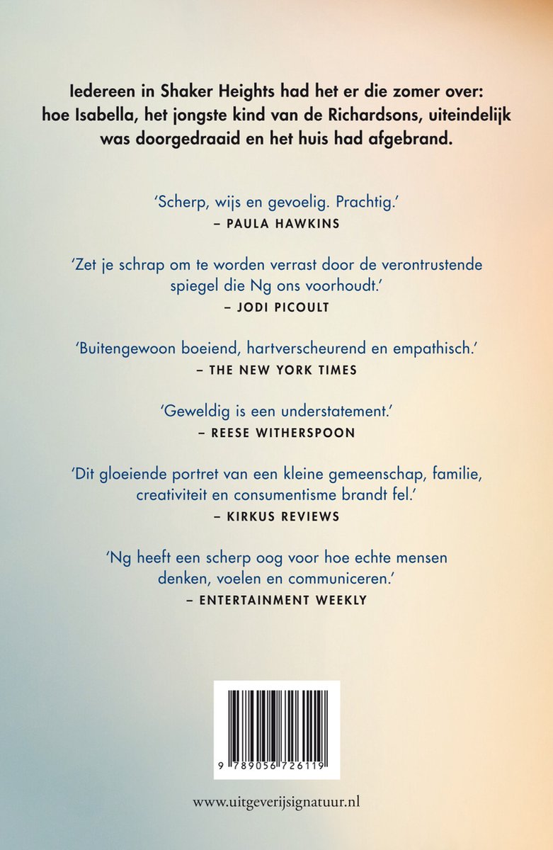 Boekrug met citaten van Paula Hawkins, Jodi Picoult, The New York Times, Reese Witherspoon, Kirkus Reviews, Entertainment Weekly. Streepjescode onderaan.