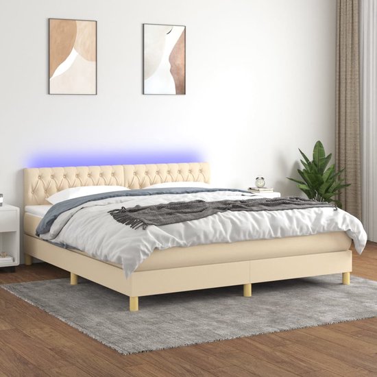 The Living Store Bed - Crème - 203 x 160 x 78/88 cm - Verstelbaar hoofdbord - Kleurrijke LED-verlichting - Pocketvering matras - Huidvriendelijk topmatras - Inclusief montagehandleiding