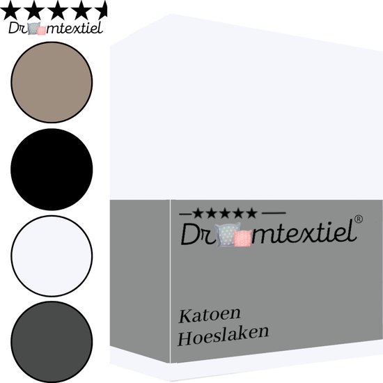 Verpakking van hoeslakens met kleurselectie: taupe, zwart, wit, grijs. Merk Droomtextiel.