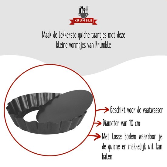 Krumble Moules à Quiche - Mini Moules à Quiche - Set de 6 - Métal - Diamètre 10 cm - Gris Foncé