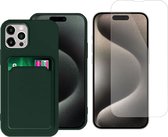 Pasjes Houder Hoesje geschikt voor iPhone 15 Plus + Screenprotector – Gehard Glas Cover - Portemonnee - Kaart houder - Groen
