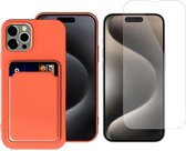 Pasjes Houder Hoesje geschikt voor iPhone 15 + Screenprotector – Gehard Glas Cover - Portemonnee - Kaart houder - Oranje
