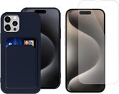 Pasjes Houder Hoesje geschikt voor iPhone 15 Plus + Screenprotector – Gehard Glas Cover - Portemonnee - Kaart houder - Blauw