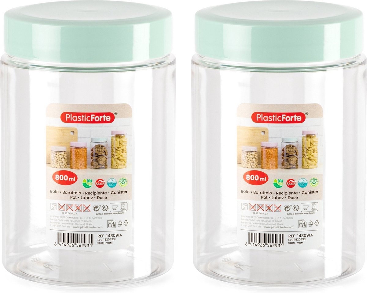 PlasticForte Voorraadpot/bewaarpot - 2x - 800 ml - kunststof - mint groen- B10 x H15 cm