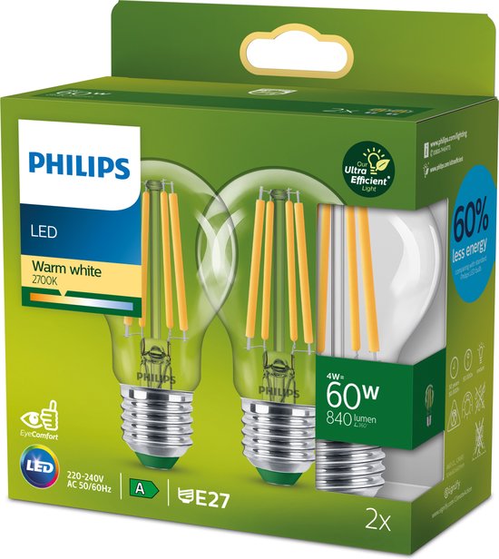 Philips Ultra Efficient LED lamp Transparant - 60 W - E27 - Warmwit licht - 2-pack