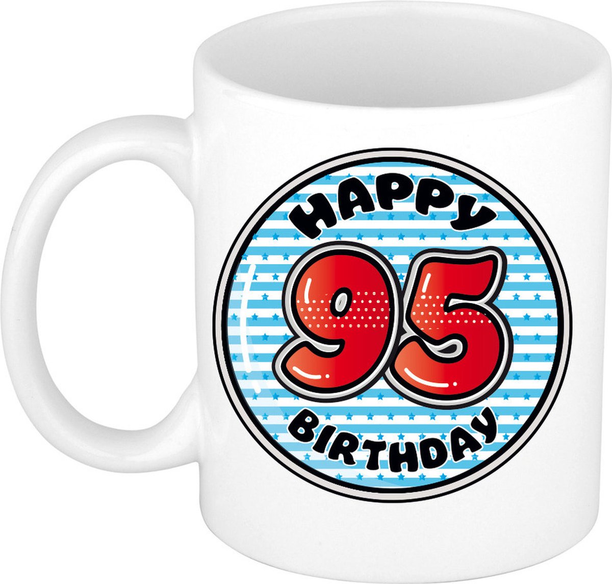 Bellatio Decorations Verjaardag cadeau mok - 95 jaar - blauw - gestreept - 300 ml - keramiek