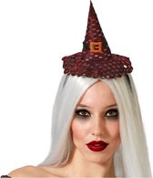 Halloween heksenhoed - mini hoedje op diadeem - one size - zwart/donkerrood - meisjes/dames