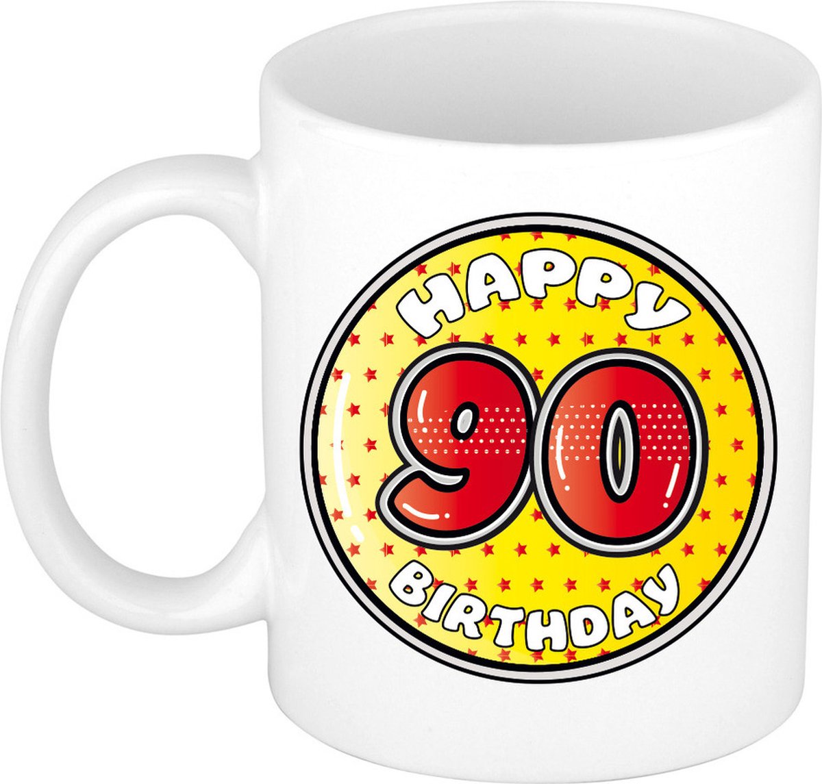 Bellatio Decorations Verjaardag cadeau mok - 90 jaar - geel - sterretjes - 300 ml - keramiek