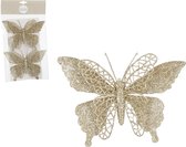 House of Seasons decoratie vlinders op clip - 2x stuks - champagne - 16 cm
