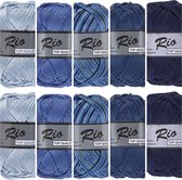 Rio katoen garen pakket - blauwe kleuren multi en uni - 10 bollen van 50 gram