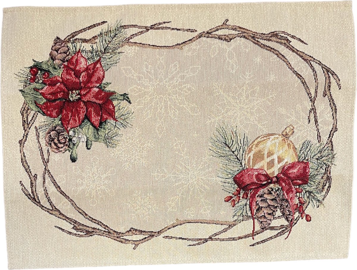 Placemat - Kerst - luxe Gobelinstof - Noel - Kerstbloem - Dennenappel - 30 x 45 cm