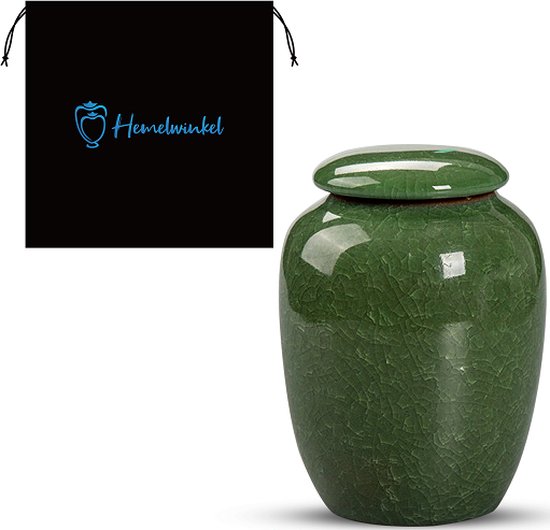 Groene keramische urn met barstenpatroon en bijpassende zwarte beschermtas met logo.