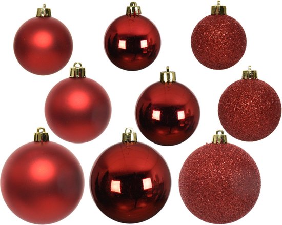 Décorations de Noël de Noël boules de Noël en plastique 6-8-10 cm avec étoiles guirlandes en aluminium paquet rouge de 28x pièces - Décorations Décorations pour sapins de Noël