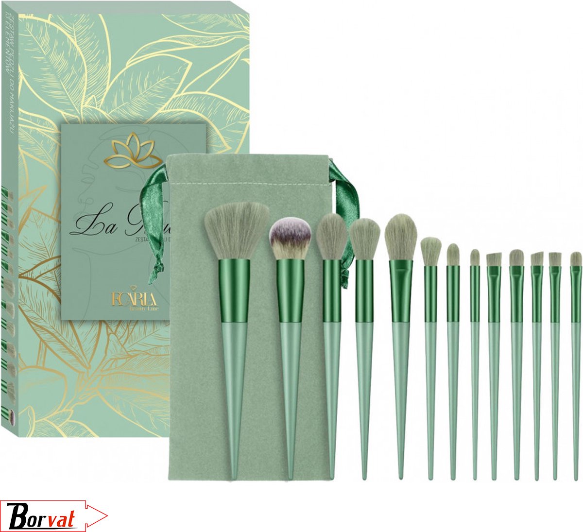 Borvat® | Make-up Kwasten - 13-delig - Groen - Brush Set - Green - Met Opberg Etui - Cosmetica