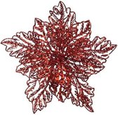 1x Kerstboomversiering op clip rode glitter bloem 23 cm - kerstboom decoratie - rode kerstversieringen