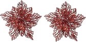 2x Kerstboomversiering op clip rode glitter bloem 23 cm - kerstboom decoratie - rode kerstversieringen