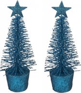 Set van 2x stuks glitter mini kerstboompjes blauw