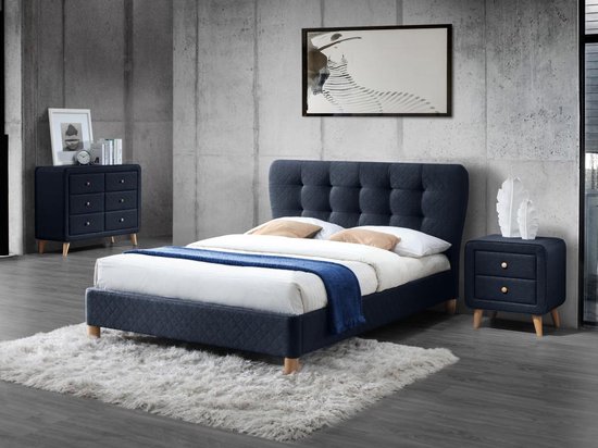Set "slaapkamer" ELIDE: Bed 140x190 cm en 2 nachtkastjes - Blauwe stof L 163 cm x H 102 cm x D 206.5 cm