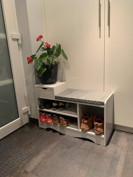 Houten schoenenbank, schoenenrek, organizer voor gangkasten met zitkussen en schuifladen voor hal en woonkamer (wit)