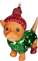 BRUBAKER Kat met Bobble Hoed en Lelijke Kersttrui - Handbeschilderde Kerstbal van Glas - Handgeblazen Kerstboomversieringen Figuren Grappige Decoratieve Hangers Boombal - 10 cm